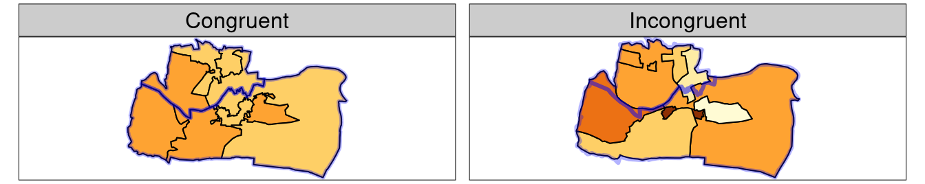 Illustration of congruent (left) and incongruent (right) areal units with respect to larger aggregating zones (translucent blue borders).