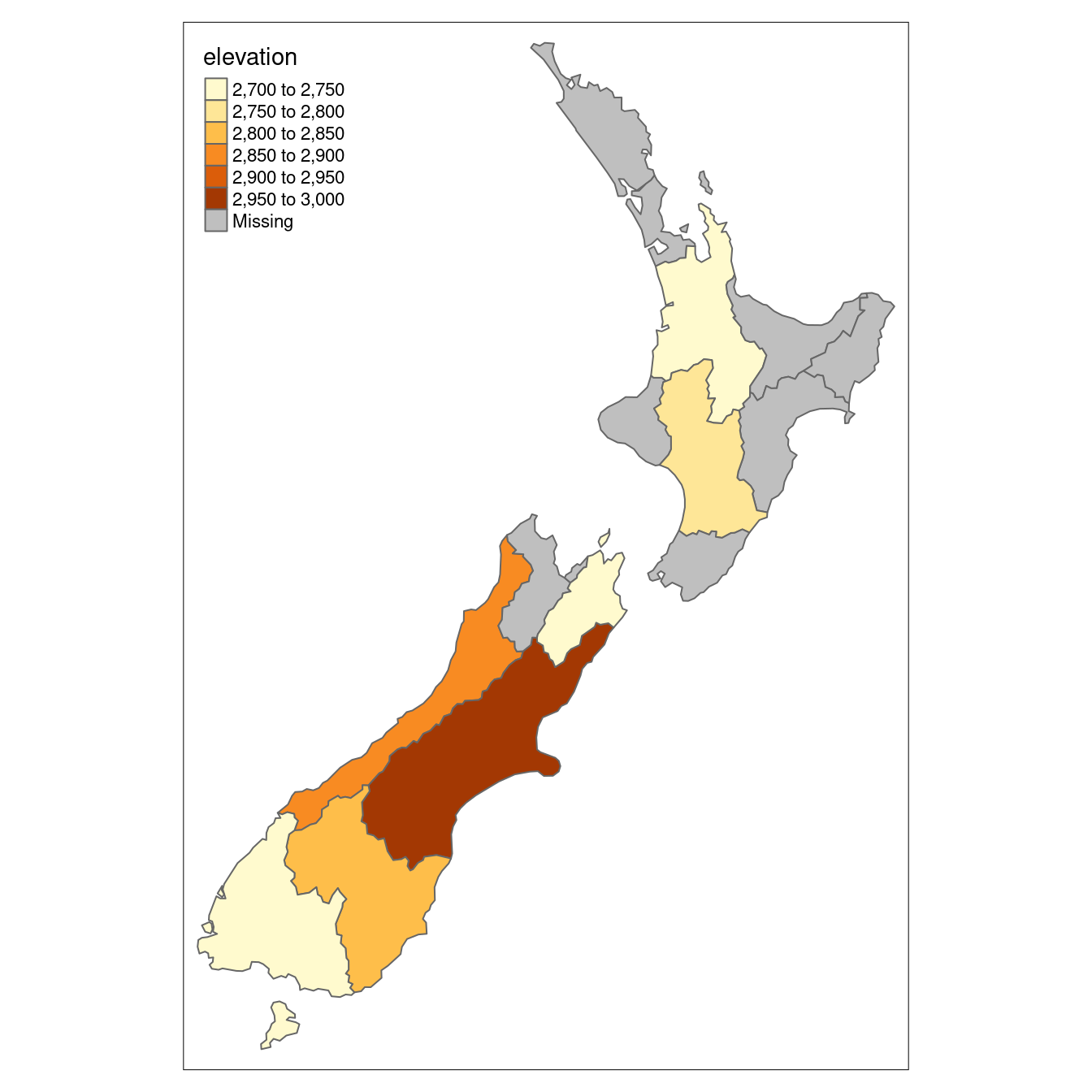 Average height of the top 101 high points across the regions of New Zealand.