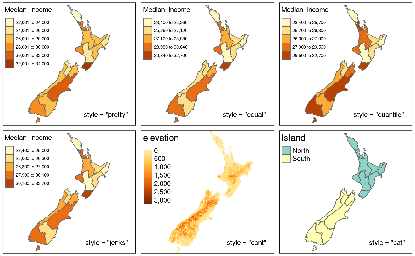 Illustration of different binning methods set using the style argument in tmap.