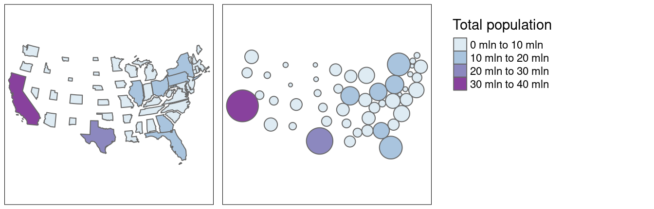 Comparison of non-continuous area cartogram (left) and Dorling cartogram (right).