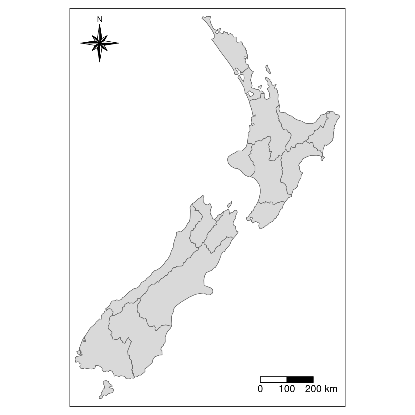 Map with additional elements - a north arrow and scale bar.