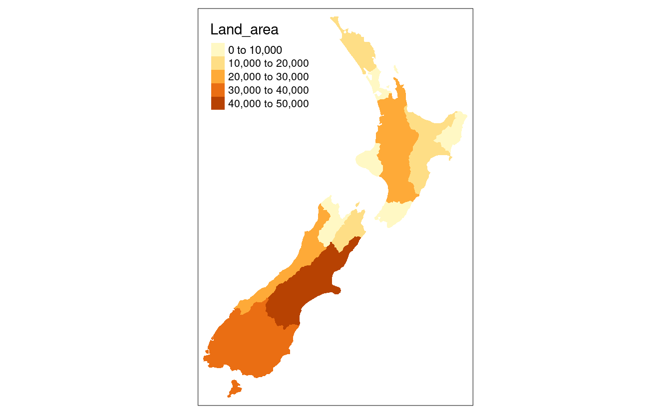 Comparison of base (left) and tmap (right) handling of a numeric color field.