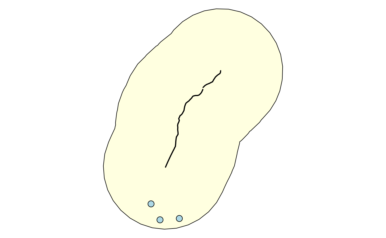 Visualization of the output of previous PostGIS commands showing the highway (black line), a buffer (light yellow) and three restaurants (light blue points) within the buffer.