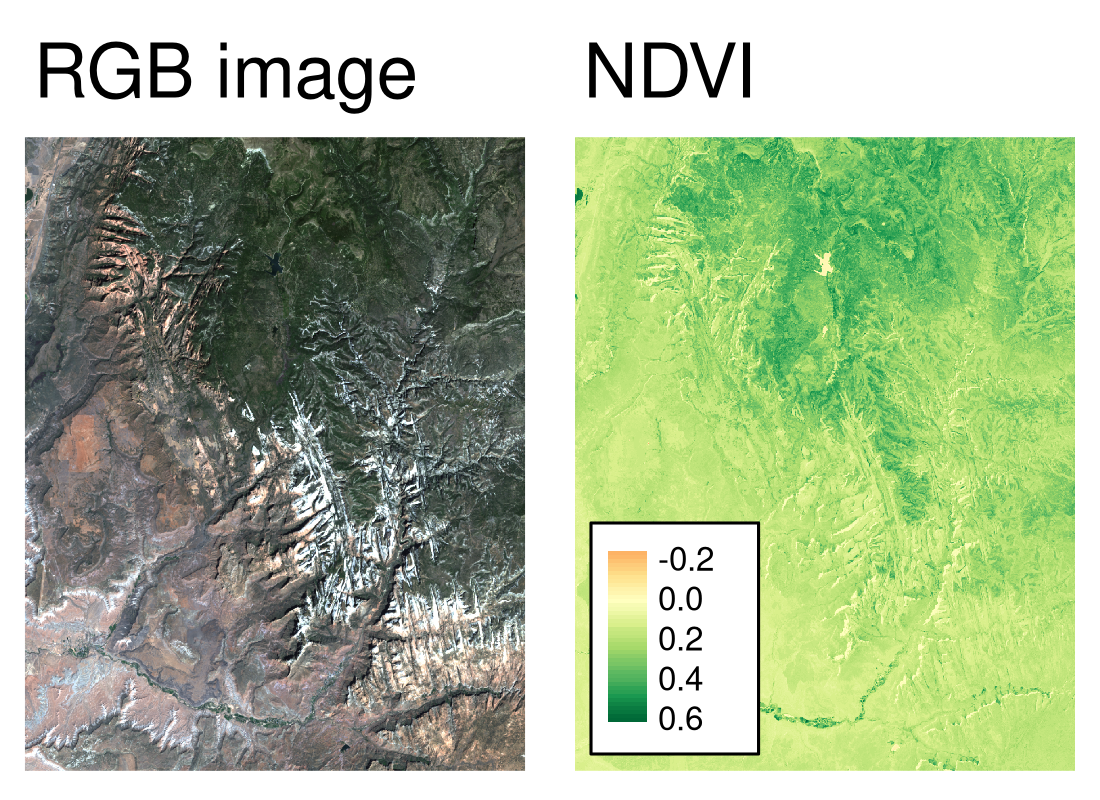 RGB image (left) and NDVI values (right) calculated for the example satellite file of the Zion National Park