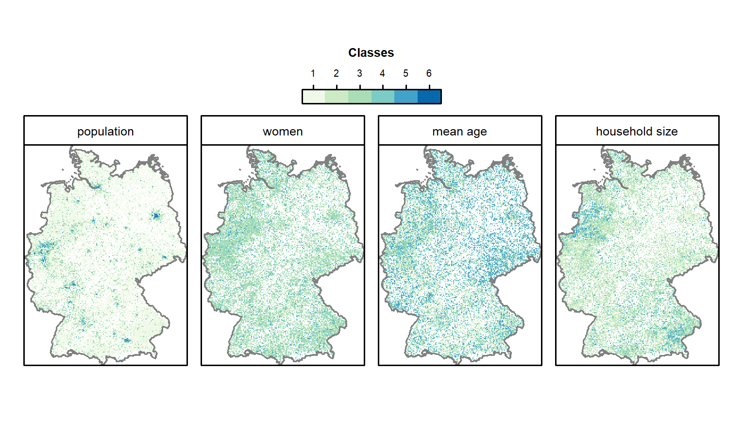 Gridded German census data of 2011 (see Table 13.1 for a description of the classes).